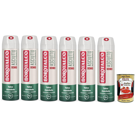 Borotalco Dry Spray Deodorant für Männer, alkoholfrei mit absolutem Talkum, absorbiert Schweiß, Bernsteinduft, 72h 150 ml 6x Original italienisch inkl. Italian Gourmet Polpa 400g
