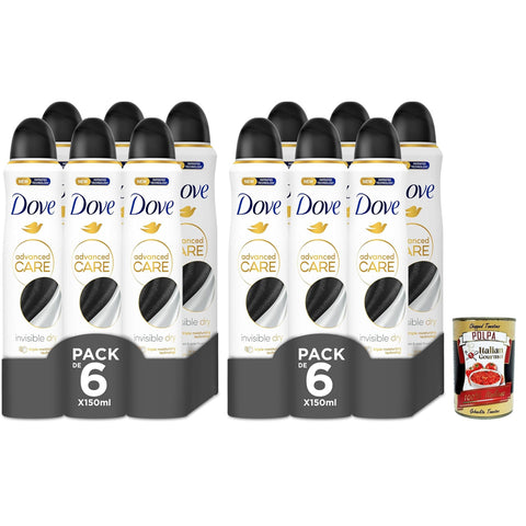 Dove deo Advanced Care Deodorant Original italienisch Invisible Dry, deo Mit feuchtigkeitsspendenden und empfindlichen Formel,ohne Alkohol, 72 Stunden, 12x 150 ml italienisch inkl. Italian Gourmet Polpa 400g