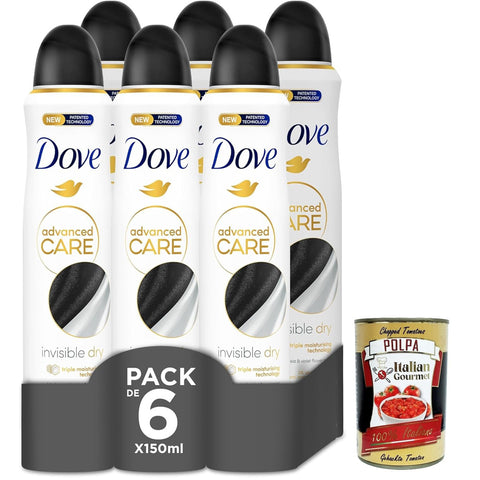 Dove deo Advanced Care Deodorant Original italienisch Invisible Dry, deo Mit feuchtigkeitsspendenden und empfindlichen Formel,ohne Alkohol, 72 Stunden, 6x 150 ml italienisch inkl. Italian Gourmet Polpa 400g