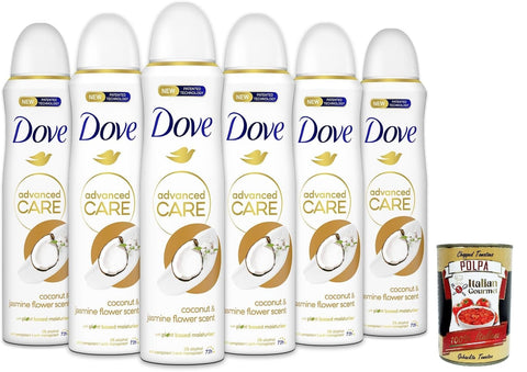 Italian Gourmet E.R. Deo Dove deodorant Spray Advanced Care Go Fresh Kokosnuss- und Jasminblüten, deo Mit feuchtigkeitsspendenden und empfindlichen Formel,ohne Alkohol, 72 Stunden, 6x 150 ml + Italian Gourmet polpa 400g 8032804040014