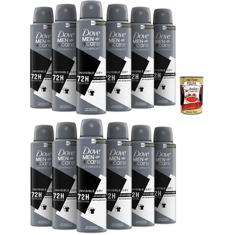 Dove Deodorante Men Original italienisch inkl. Care Invisible Dry Spray Advanced Care, Deo für Männer,mit 1/4 Feuchtigkeitscreme, hautfreundliche Formel, 72 Stunden, 12x 150ml + Italian Gourmet Polpa 400g