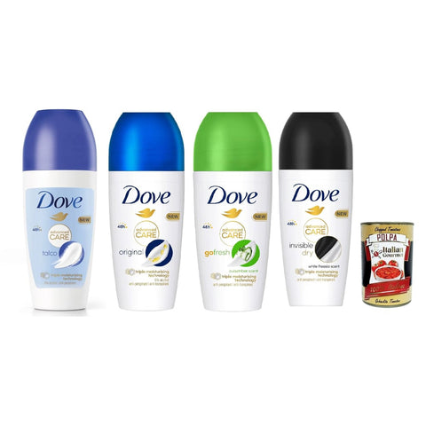 Dove Deo Dove Deodorante Roll On Advanced Care Testpaket, Anti -transpiorant deodorant, delicate formula with triple moisturizing action, protection up to 48 hours, 4x 50ml Original italienisch inkl. Italian Gourmet Polpa 400g 8032804040014