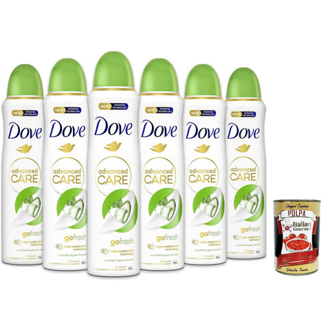 Dove Deodorante Spray Advanced Care Go Fresh Gurke und grüner Tee, deo Mit feuchtigkeitsspendenden und empfindlichen Formel,ohne Alkohol, 72 Stunden, 6x 150 ml Original italienisch inkl. Italian Gourmet Polpa 400g