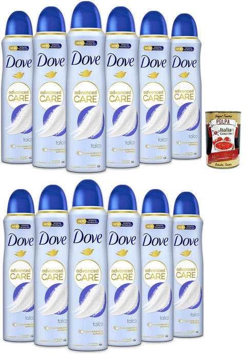 Dove Deodorante Spray Advanced Care Talco, deo Mit feuchtigkeitsspendenden und empfindlichen Formel, ohne Alkohol, 72 Stunden 12x 150 ml inkl. Italian Gourmet polpa 400g Original italienisch