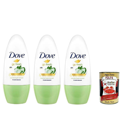 Dove Go Fresh Frische Gurke und Grüner Tee Deodorante Roll-On,48h Schutz Deodorant 3x 50ml Original italienisch inkl. Italian Gourmet Polpa 400g