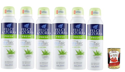Felce azzurra Deodorant deo Spray Fresh mit Aloe Vera, IdraTalc Formel, 48 Stunden Wirksamkeit, Fleckenlos 6x 150 ml inkl. Italian Gourmet polpa 400g Original italienisch