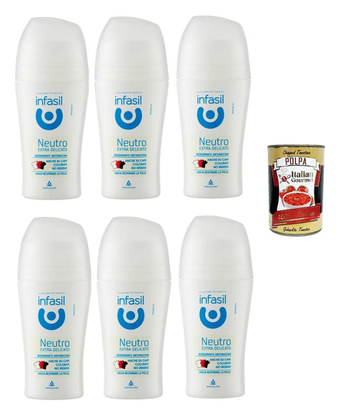 Italian Gourmet E.R. Deo Infasil Deo Roll-On, neutral, extra sanft, ohne Aluminiumsalze, Fleckenschutz, Deodorant, 6x 50 ml + Italian Gourmet polpa 400g 8032804040014