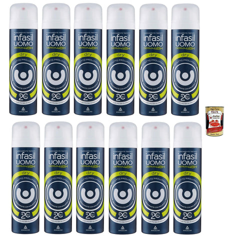 Infasil Deo-Spray für Herren Derma48H Dry, hervorragender Schutz gegen überschüssiges Schweiß, Deo 12x150 ml Original italienisch inkl. Italian Gourmet Polpa 400g