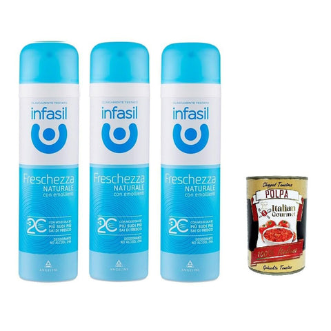 Infasil Deodorant - Spray natürliche Frische mit Molekül 2C, ohne Alkohol, wirksam bis zu 24 Stunden 3x 150 ml inkl. Italian Gourmet polpa 400 Original italienisch