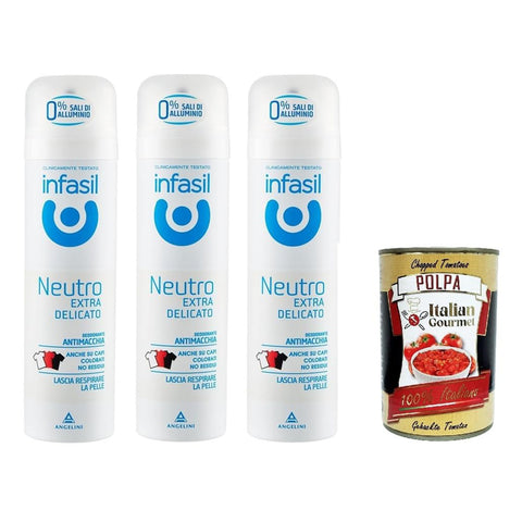 Infasil Deodorant-Spray, neutral, extra sanft, fleckenabweisende Formel ohne Aluminiumsalze, wirksam bis zu 24 Stunden, 3x 150 ml Original italienisch inkl. Italian Gourmet Polpa 400g