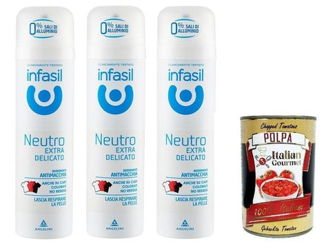 Italian Gourmet E.R. Deo Infasil Deodorant-Spray, neutral, extra sanft, fleckenabweisende Formel ohne Aluminiumsalze, wirksam bis zu 24 Stunden, 3x 150 ml + Italian Gourmet polpa 400g 8032804040014