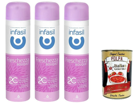 Italian Gourmet E.R. Deo Infasil Lufterfrischer-Spray mit Molekül 2C, ohne Alkohol, wirksam bis zu 24 Stunden, Blumenduft, Deo 3X 150 ml + Italian Gournet polpa 400g 8032804040014