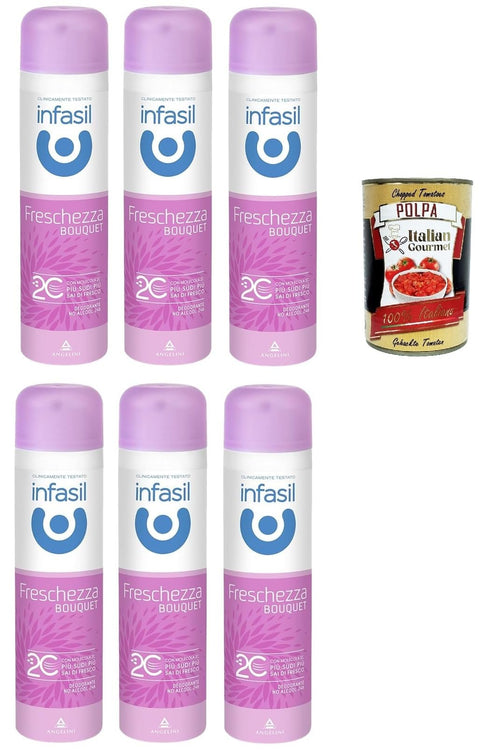Italian Gourmet E.R. Deo Infasil Lufterfrischer-Spray mit Molekül 2C, ohne Alkohol, wirksam bis zu 24 Stunden, Blumenduft, Deo 6x 150 ml + Italian Gourmet polpa 400g 8032804040014