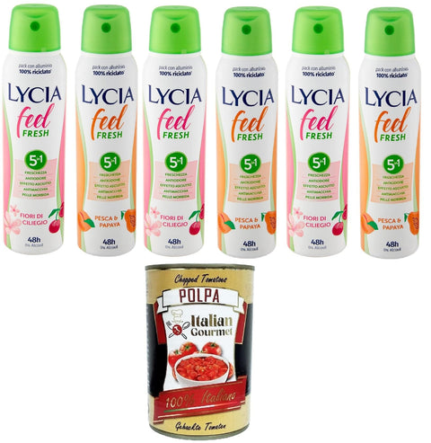 Italian Gourmet E.R. Deo LyciaTestpaket feel Fresh deo spray Deospray Pfirsich und Papaya,Kirschblüte 6 x 150 ml+ Italian Gourmet polpa 400g 8032804040014