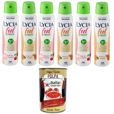 LyciaTestpaket feel Fresh deo spray Deospray Pfirsich und Papaya, Kirschblüte 6 x 150 ml inkl. Italian Gourmet polpa 400g Original italienisch