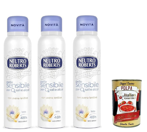 Neutro Roberts Deodorante Spray Avena, Deospray für Empfindliche Haut mit Hafer und Lotus Blume, Wirksam 48 Stunden Ohne Salze und Alkohol 3x 150ml inkl. Italian Gourmet polpa 400g Original italienisch