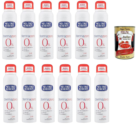 Italian Gourmet E.R. Deo Neutro Roberts, Dermazero Deodorant Spray, Zero Alkohol, keine Flecken, mit reinem Glycerinöl, Deodorant für Damen und Herren, dermatologisch getestet, 12x 150 ml, 48h + Italian Gourmet polpa 400g 8032804040014