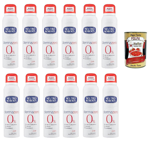 Neutro Roberts Dermazero Deodorant Spray, Zero Alkohol, keine Flecken, mit reinem Glycerinöl, Deodorant für Damen und Herren, dermatologisch getestet, 12x 150 ml, 48h Original italienisch inkl. Italian Gourmet Polpa 400g