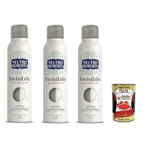 Neutro Roberts Invisible Deodorant Spray, Zero Alkohol, keine Flecken, mit reinem Glycerinöl, Deodorant für Damen und Herren, dermatologisch getestet,, 48h 3x 150 ml inkl. Italian Gourmet polpa 400g Original italienisch