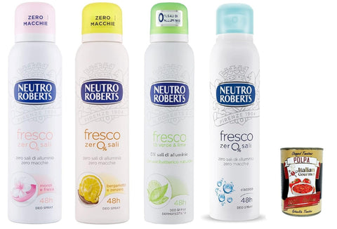 Italian Gourmet E.R. Deo Testpaket Neutro Roberts deo Fresco Spray Deodorant ohne Aluminiumsalze, null Flecken 4x 150 ml + Italian Gourmet Polpa 400g 8002410008838