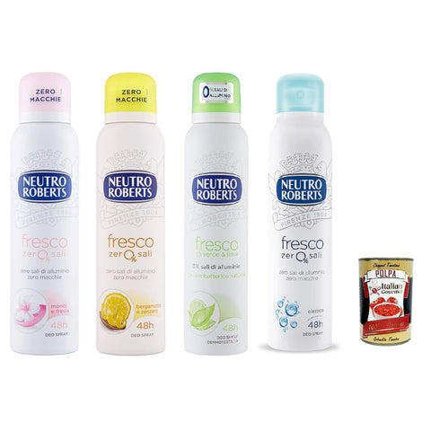 Neutro Roberts deo Fresco Spray Deodorant ohne Aluminiumsalze, null Flecken 4x 150 ml Testpaket Original italienisch inkl. Italian Gourmet Polpa 400g
