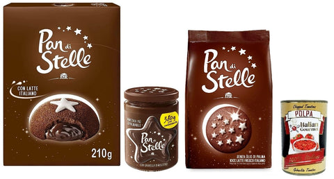 Italian Gourmet E.R. Dessert Pan di Stelle testpaket mit schokoladengefülltem Mondkuchen, Kakao- und Haselnusskeksen und Streichcreme mit Keksbröseln+ Italian Gourmet Polpa di Pomodoro 400g 8032804040014