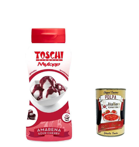 Toschi Topping Squeeze Amarena, Kirschen Topping Sauce für Kaffee, Cocktails, Eisbecher, Porridge, Pfannkuchen und Gebäck 200gr 12x Original italienisch inkl. Italian Gourmet Polpa 400g