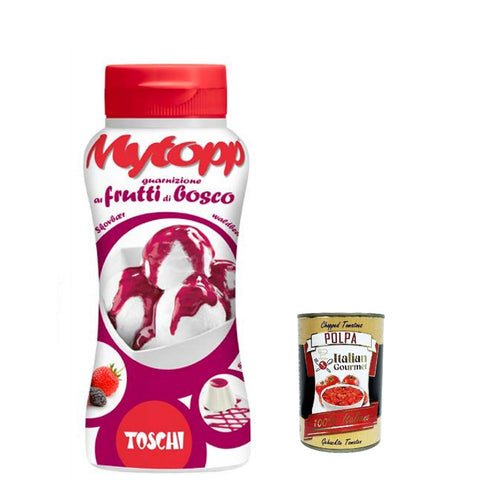 Toschi Topping Squeeze Frutti di bosco, BeerenTopping Sauce für Kaffee, Cocktails, Eisbecher, Porridge, Pfannkuchen und Gebäck 12x 200gr inkl. Italian Gourmet polpa 400g Original italienisch