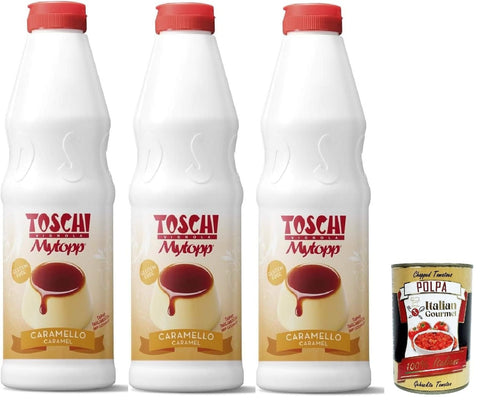 Toschi Topping Squeeze Caramello, Karamell Topping Sauce für Kaffee, Cocktails, Eisbecher, Porridge, Pfannkuchen und Gebäck 1kgr 3x Original italienisch inkl. Italian Gourmet Polpa 400g