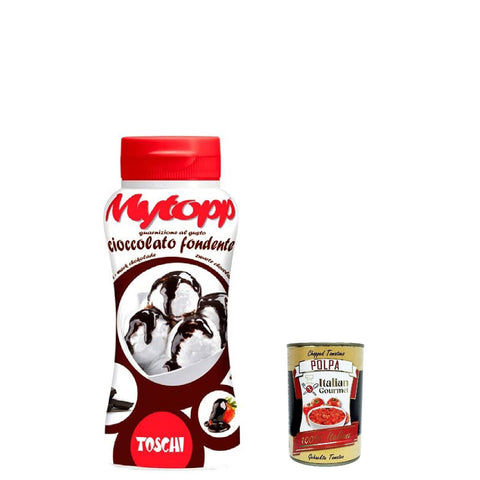 Toschi Topping Squeeze Cioccolato fondente, dunkle Schokolade Topping Sauce für Kaffee, Cocktails, Eisbecher, Porridge, Pfannkuchen und Gebäck 200gr 6x Original italienisch inkl. Italian Gourmet Polpa 400g