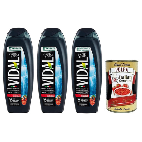 Vidal Energy & Sport Doccia Shampoo Duschshampoo Duschgel mit Ginseng und Guarana,250ml 3x Original italienisch inkl. Italian Gourmet Polpa di Pomodoro 400g Dose