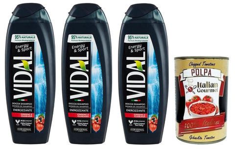 Vidal Energy & Sport Doccia Shampoo Duschshampoo Duschgel mit Ginseng und Guarana,250ml 3x Original italienisch inkl. Italian Gourmet Polpa di Pomodoro 400g Dose