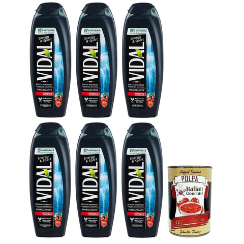 Vidal Energy & Sport Doccia Shampoo Duschshampoo Duschgel mit Ginseng und Guarana,250ml 6x Original italienisch inkl. Italian Gourmet Polpa di Pomodoro 400g Dose
