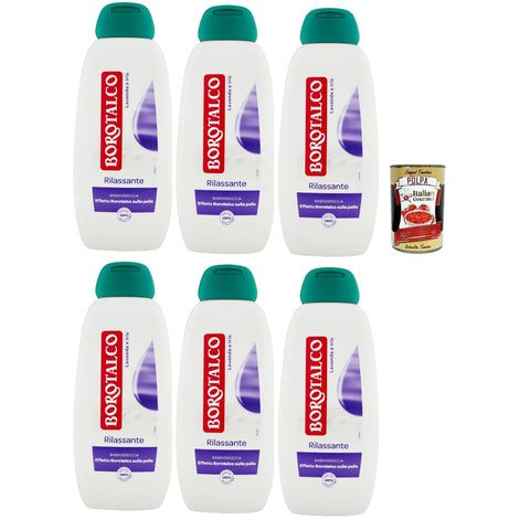 Borotalco Badeschaum für Körper, Duft Lavendel und Iris - erfrischender Badeschaum, Borotalk - Effekt auf der Haut - Ideal für Damen und Herren - Packung mit 6x 450ml inkl. Italian Gourmet polpa 400g Original italienisch