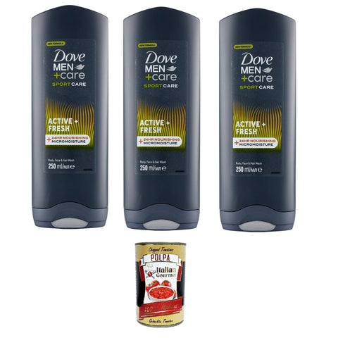 D.Men Original italienisch inkl. Care Sport Care Active + Fresh Body, Face & Hair Wash 3x250 ml+ Italian Gourmet Polpa 400g