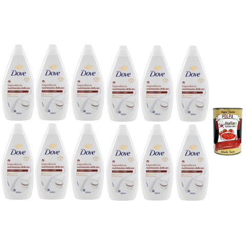 Dove bagnodoccia nutrimento delicato, mit Kokos- und Mandelöl, Schaumbäder Bades bath shower foam, Weichheit und Pflege 12x 450 ml Original italienisch inkl. Italian Gourmet Polpa 400g