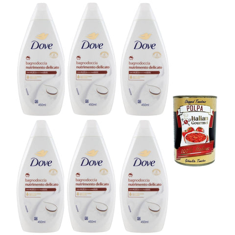 Dove bagnodoccia nutrimento delicato, mit Kokos- und Mandelöl, Schaumbäder Bades bath shower foam, Weichheit und Pflege 6x 450 ml Original italienisch inkl. Italian Gourmet Polpa 400g