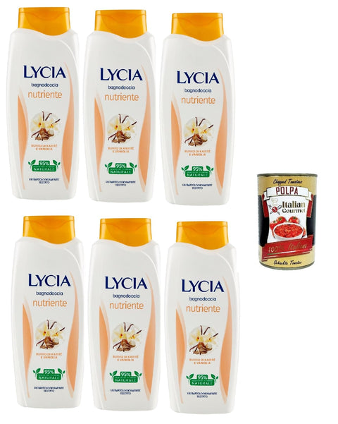 Lycia bagnodoccia nutriente, con Burro di Katitè e Vaniglia, Sheabutter und Vanille Schaumbäder Bades bath shower foam 6x 750 ml Original italienisch inkl. Italian Gourmet Polpa 400g