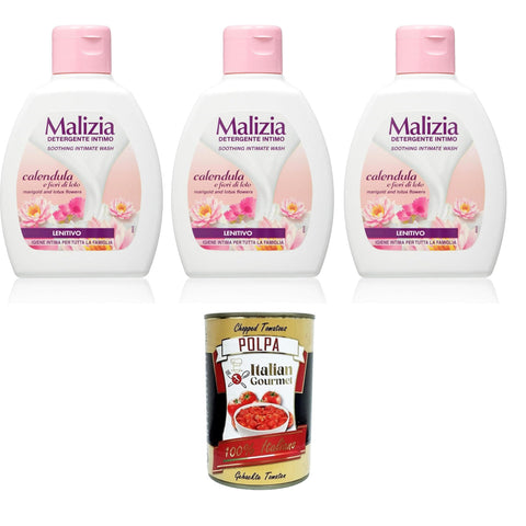Malizia Detergente Intimo Con Calendula e Fiori di Loto Azione Lenitiva Intimreiniger mit beruhigender Wirkung von Calendula und Lotusblüten 3x200ml Original italienisch inkl. Italian Gourmet Polpa 400g