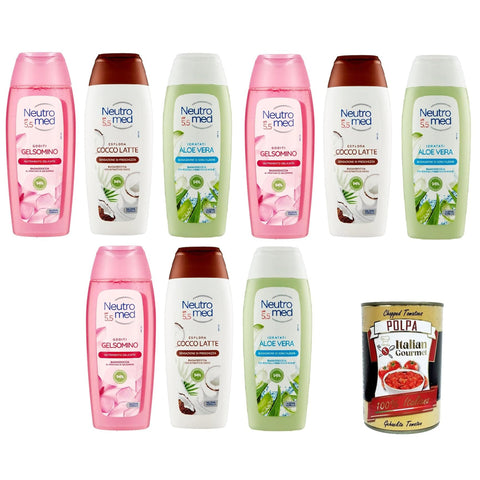 Neutromed Testpaket pH 5, 5 Gelsomino, Aloe vera, Cocco latte Bagnodoccia pH 5, 5 Jasmin, Aloe Vera, Kokosmilch 9x 400 ml inkl. Italian Gourmet polpa 400g Original italienisch