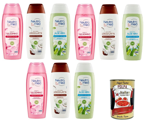 Italian Gourmet E.R. Duschgel Neutromed Testpaket pH 5,5 Gelsomino, Aloe vera, Cocco latte Bagnodoccia pH 5,5 Jasmin, Aloe Vera, Kokosmilch 9x 400 ml+ Italian Gourmet polpa 400g 8032804040014