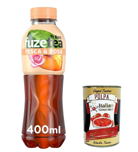 Italian Gourmet E.R. Eistee 12x FUZE TEA, Schwarzer Tee, Pfirsich mit einer Notiz von Rosette Pet 400ml, peach ice tea + Italian Gourmet polpa 400g 5449000237125