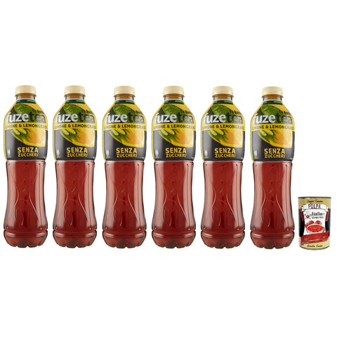 Fuze tea Eistee, Ohne Zucker Zitrone Schwarzer Tee mit einer Zitronengras Note,Erfrischungsgetränk,Alkoholfrei,Einweg-PET-Flasche 1,25Lt 6x Original italienisch inkl. Italian Gourmet Polpa di Pomodoro 400g Dose