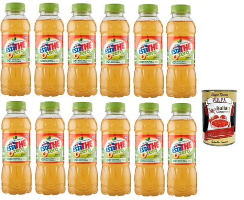 Estathe Thè Pesca zero 12x 400ml, Eistee The' Pfirsich ohne Zucker PET Einweg, ice tea erfrischend, Ohne Konservierungsstoffe und künstliche Farbstoffe, no sugar tea Original italienisch inkl. Italian Gourmet Polpa 400g