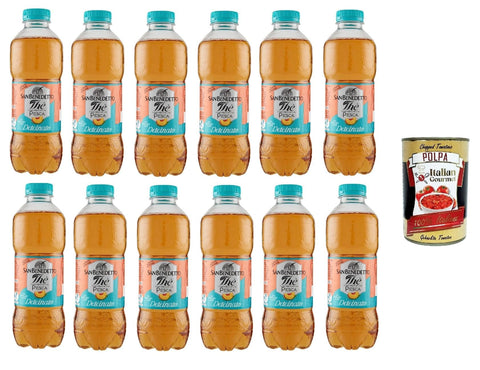 Italian Gourmet E.R. Eistee San Benedetto Thè Deteinato Pesca 12x 500ml, entkoffeiniert Eistee The' Pfirsch PET Einweg, ice tea erfrischend, Ohne Konservierungsstoffe und künstliche Farbstoffe + Italian Gourmet polpa 400g 8032804040014