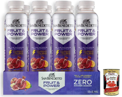 San Benedetto Fruit Power,Energiegetränk mit Apfel-, Granatapfel-, Mango- und Ananas Geschmack,Alkoholfreies Getränk,40cl Einweg-PET-Flasche 12x Original italienisch inkl. Italian Gourmet Polpa di Pomodoro 400g Dose