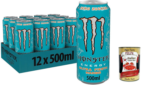 Monster Energy Ultra Fiesta - koffeinhaltiger Energy Drink mit leichtem Mango-Geschmack - ohne Zucker und ohne Kalorien 500ml 24x Original italienisch inkl. Italian Gourmet Polpa 400g