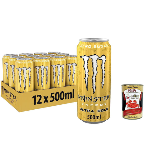 Monster Energy Ultra Gold - koffeinhaltiger Energy Drink mit fruchtigem Ananas-Geschmack - ohne Zucker und ohne Kalorien 500ml 24x Original italienisch inkl. Italian Gourmet Polpa 400g