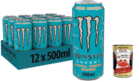 Monster Energy Ultra Fiesta - koffeinhaltiger Energy Drink mit leichtem Mango-Geschmack - ohne Zucker und ohne Kalorien 500ml 48x Original italienisch inkl. Italian Gourmet Polpa 400g