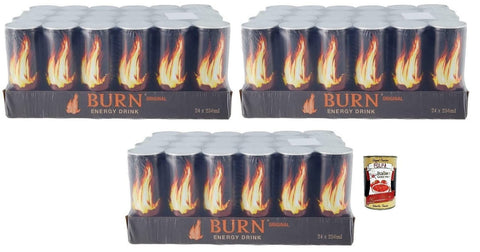 Burn Energy Drink, Energiegetränk mit zugesetzter Kohlensäure, enthält Taurin, Koffein, Guarana und B - Vitamine Einwegdose 72x 250ml inkl. Italian Gourmet Polpa di Pomodoro 400g Dose Original italienisch